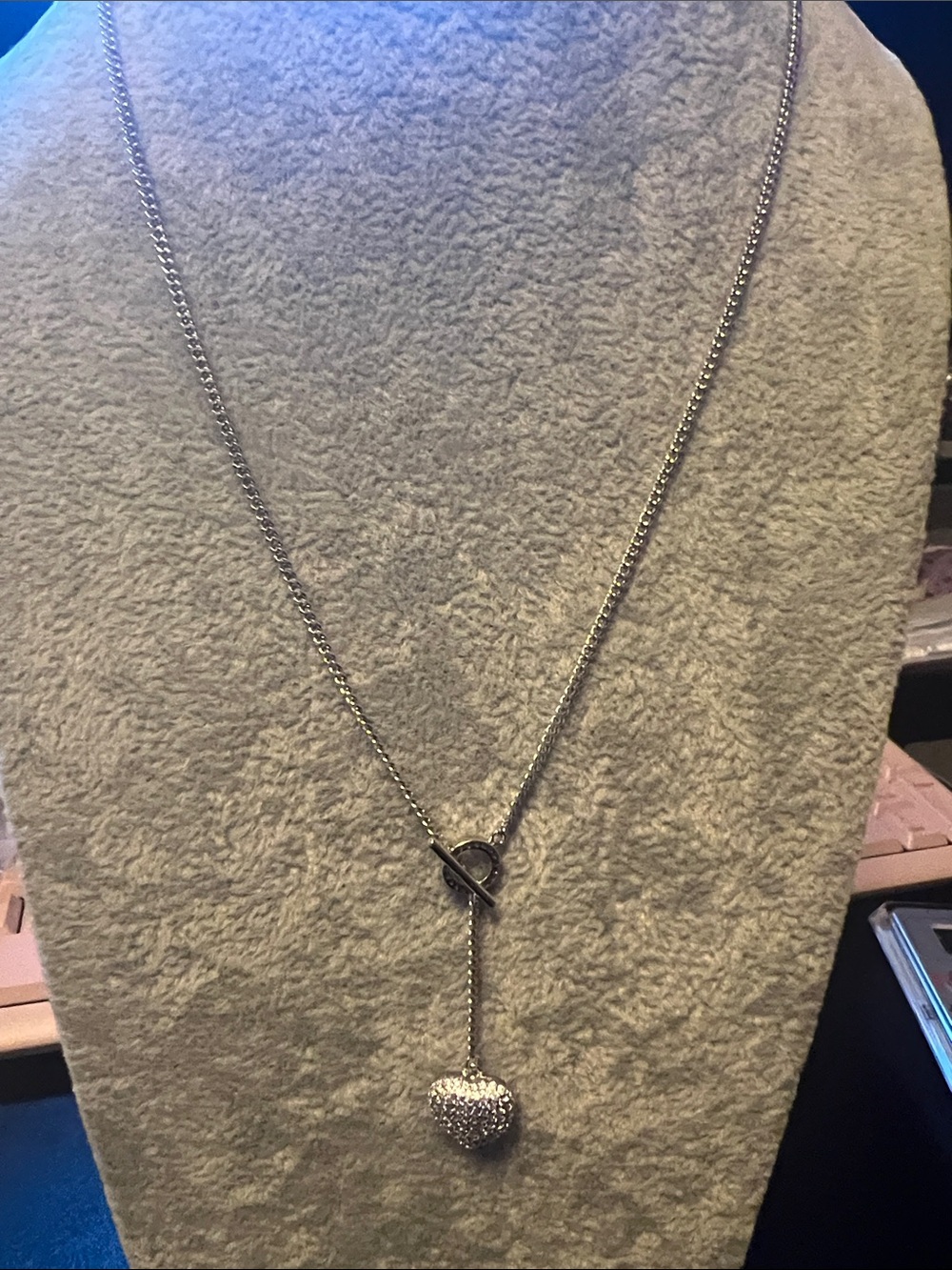 Dainty Silver Heart Toggle Necklace with Pavรฉ Pendant